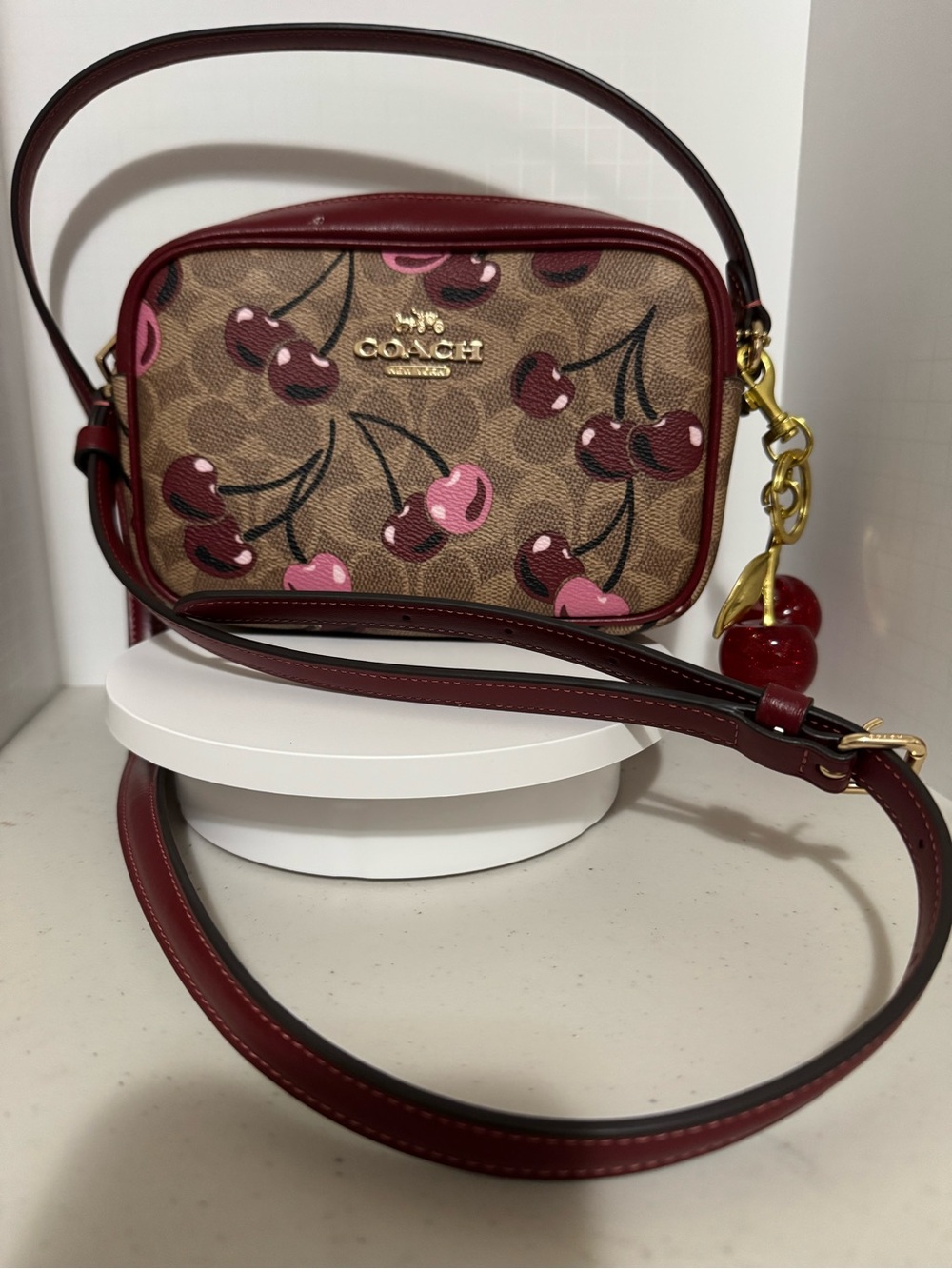 Coach Cherry Print Crossbody Bag in Brown and Burgundy